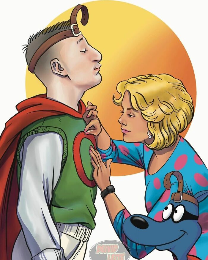 Artist reimagined Doug Funnie as Quailman and Patti Mayonnaise as adults, with Porkchop, against a yellow sun.