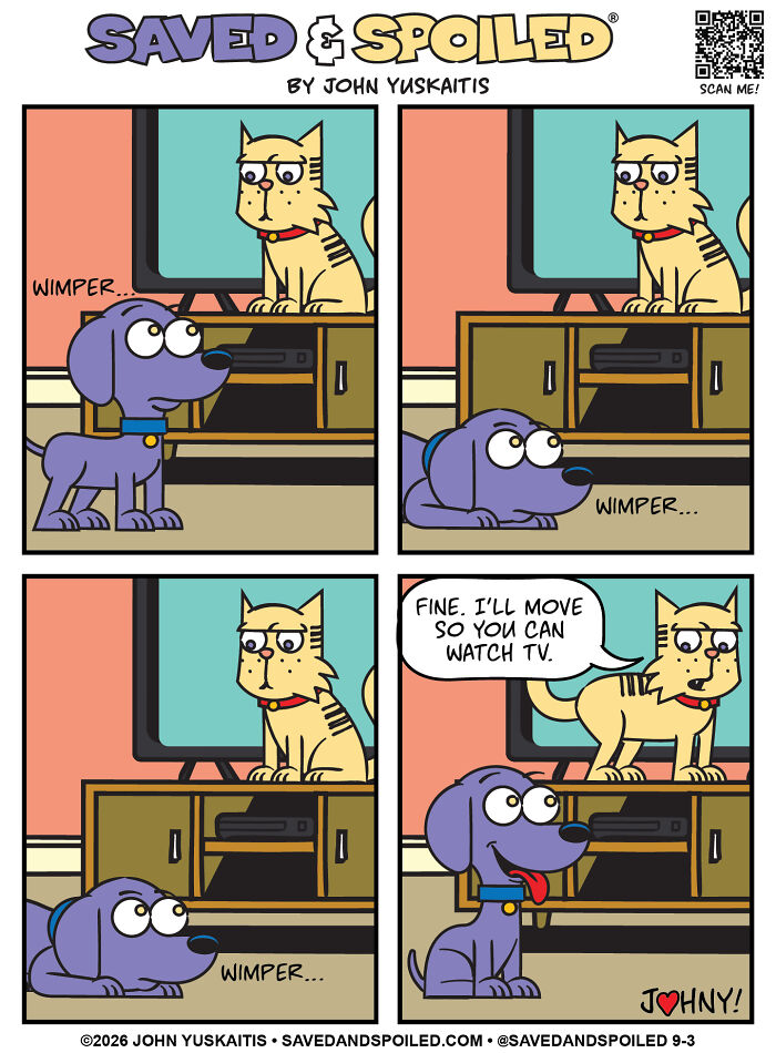 A comic of a dog and cat figuring out how to coexist as the cat tells the dog to move.