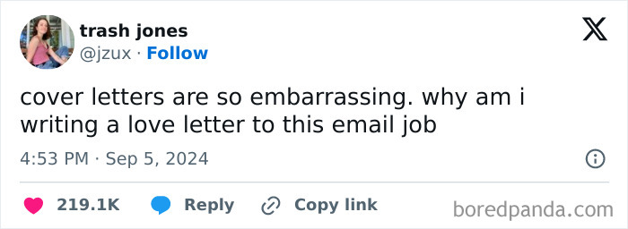 Painful reality about 9-to-5 life: a tweet complaining about writing embarrassing cover letters.