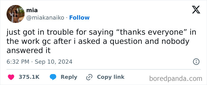 Tweet about getting in trouble for saying thanks in a work group chat, a hilarious 9-to-5 life reality.