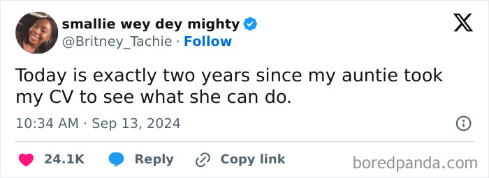 Tweet about an auntie taking a CV two years ago, a painfully funny 9-to-5 life reality.