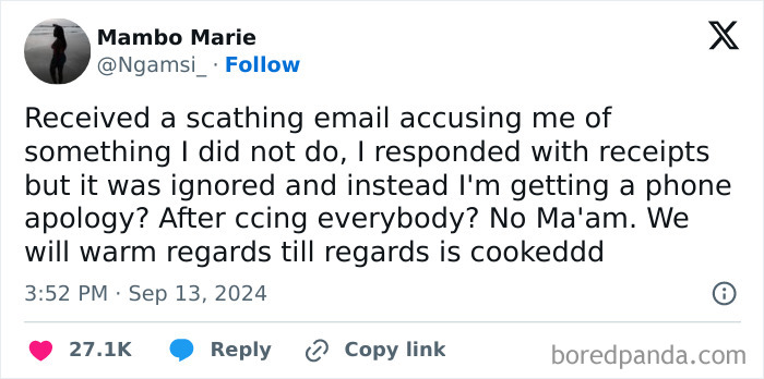 Tweet about receiving a scathing email and a phone apology, a painful 9-to-5 life reality.
