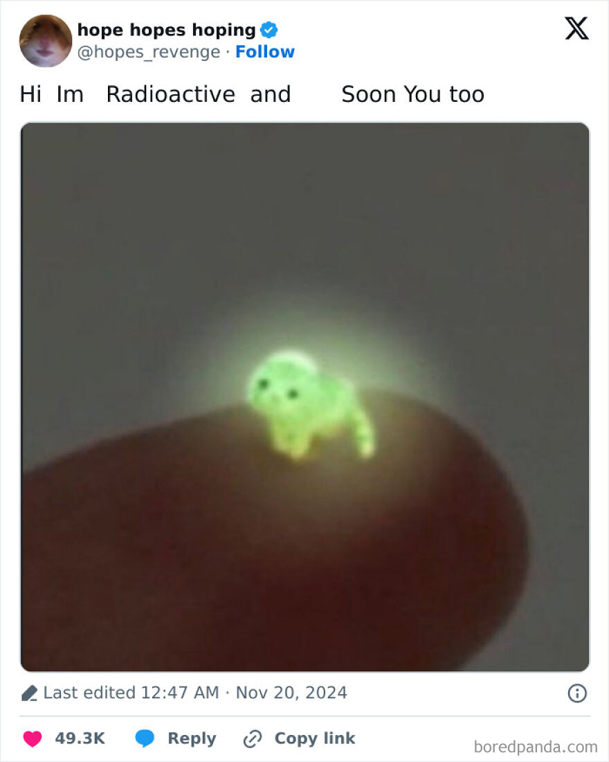 A glowing, tiny green creature resembling a dog on a fingertip, one of many hilariously unhinged screenshots.