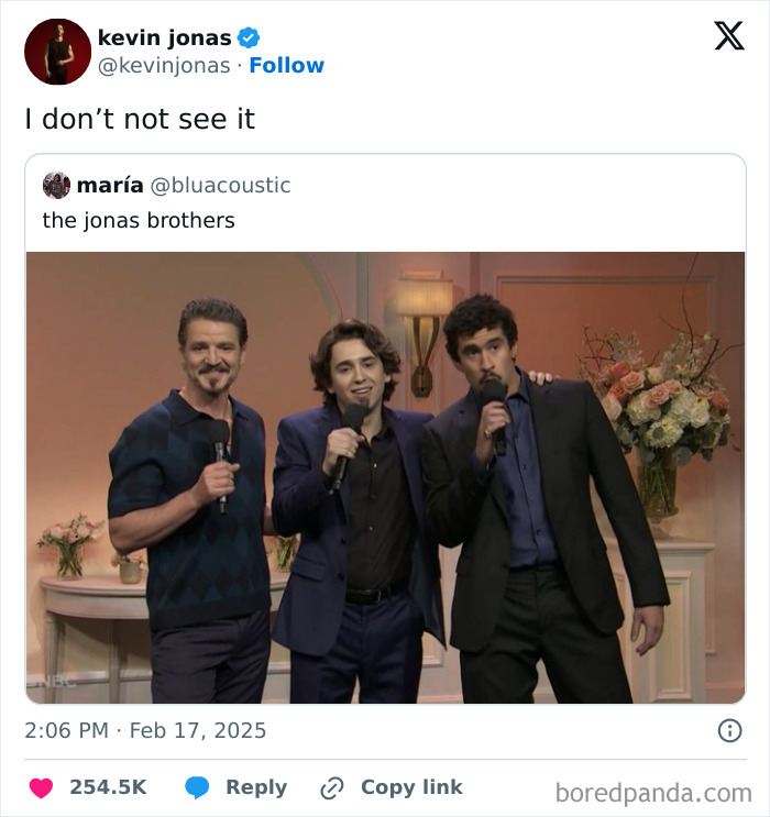 A funny pop culture post showing three men on stage, reminiscent of the Jonas Brothers.