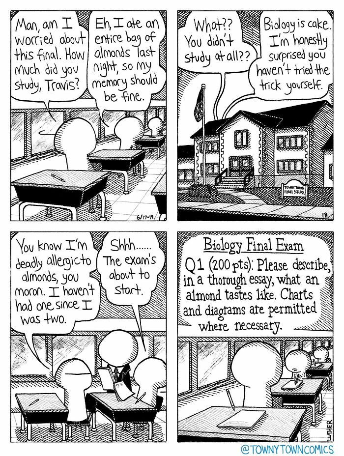A comic strip about ridiculous US Midwest life, showing students preparing for a biology final exam.