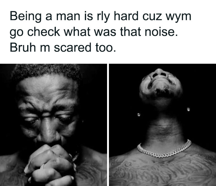 A cringe meme showing two dramatic images of a man, expressing fear, an unhinged and relatable moment.