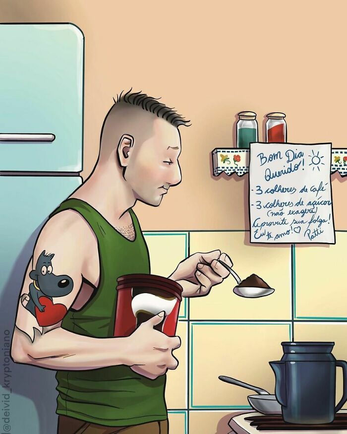 An artist reimagined Doug Funnie as an adult, making coffee, with a note from Patti Mayonnaise on the wall.