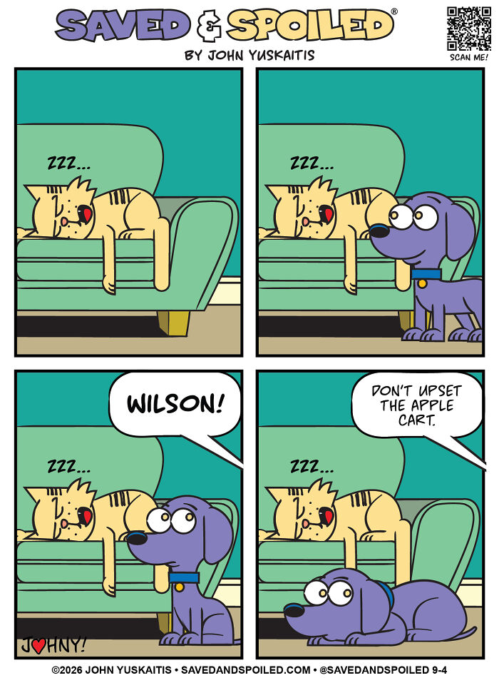 A comic featuring a sleeping cat on a couch, with a dog trying to coexist with the cat.