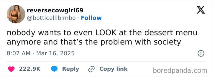 Funny post on Twitter about the reality of being an adult, stating nobody wants to look at the dessert menu anymore.