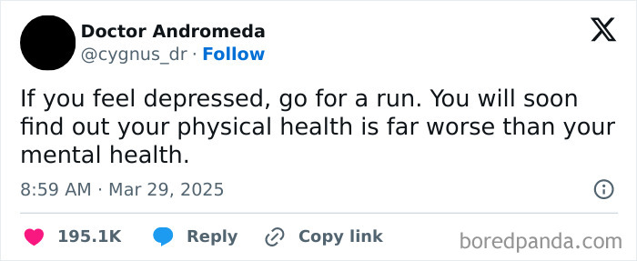 Funny post about running for depression and discovering worse physical health, capturing the reality of being an adult.