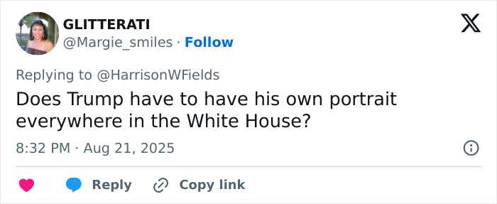 A tweet questioning Trump's White House habits, speculating on his self-portraits. A tweet questioning Trump's White House habits, speculating on his self-portraits.