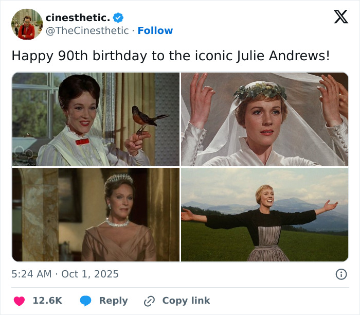 A social media post with four images of Julie Andrews from various roles, an iconic portrait sparking Disney backlash. A social media post with four images of Julie Andrews from various roles, an iconic portrait sparking Disney backlash.