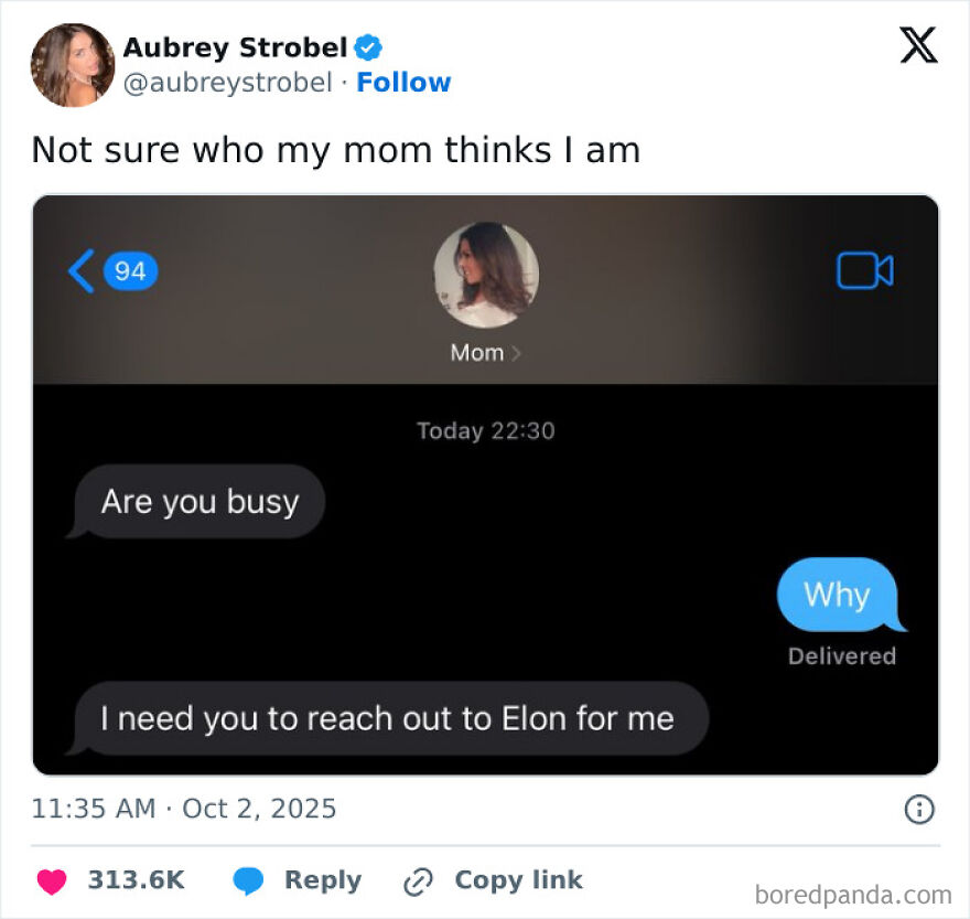 A hilariously unhinged screenshot of Aubrey Strobel's tweet sharing a text message exchange where her mom asks her to reach out to Elon for her.