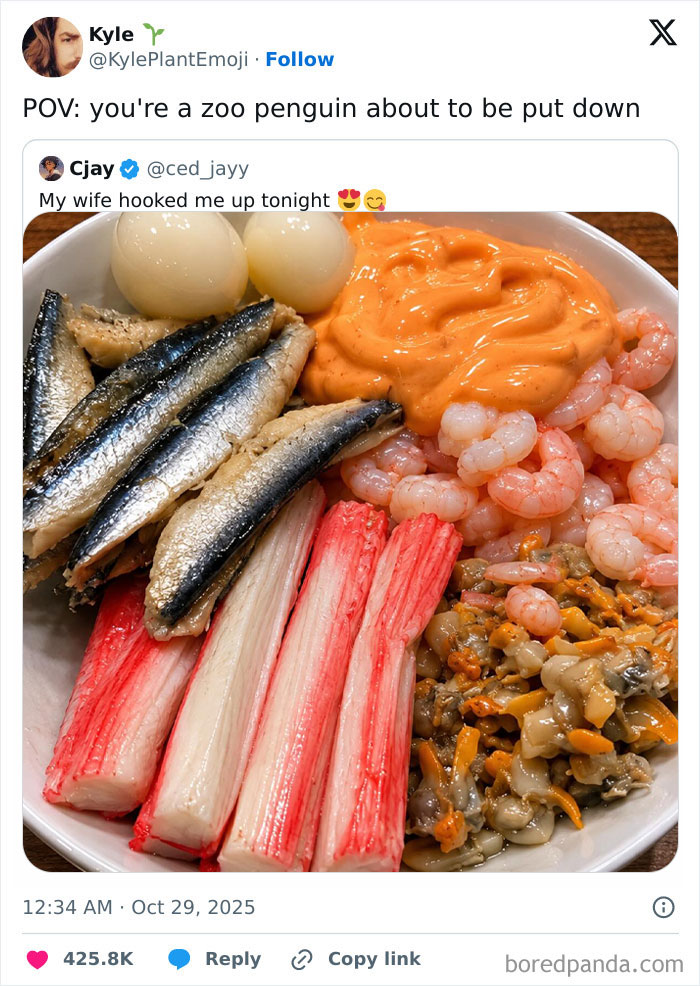 Hilarious memes and roasts: A plate of seafood, including sardines, crab sticks, shrimp, and other shellfish.