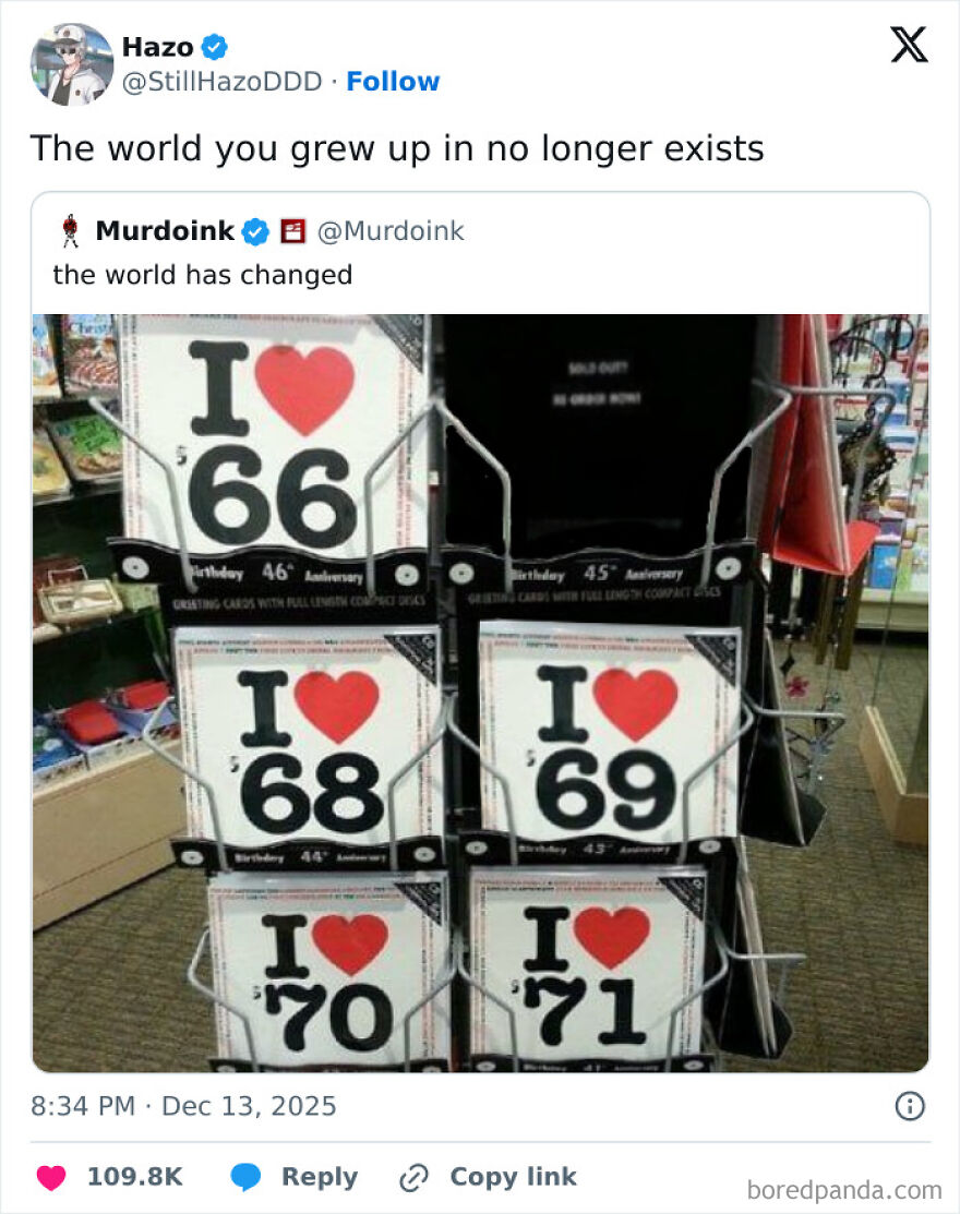 A display of birthday and anniversary greeting cards featuring large numbers and hearts, showcasing hilariously unhinged screenshots.