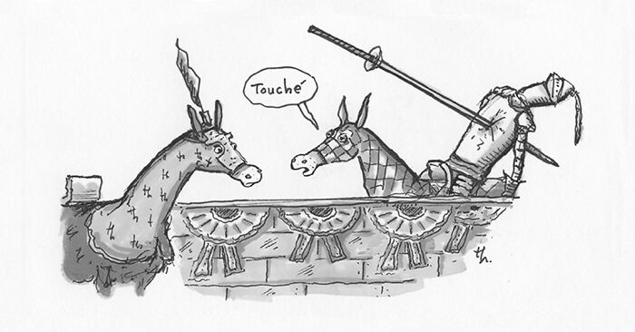 A single-panel cartoon by Tim Haggerty depicting two piñata donkeys, one having been pierced by a sword.