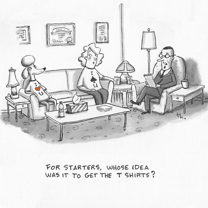A single-panel cartoon by Tim Haggerty depicting a therapy session with a dog, a person, and a therapist. This cartoon displays sharp humor.