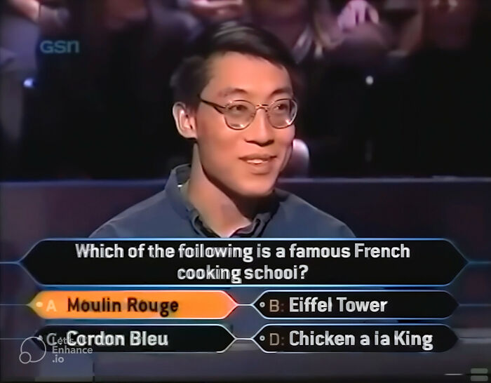 A contestant on Who Wants To Be A Millionaire with a dumb answer selected for a French cooking school question.