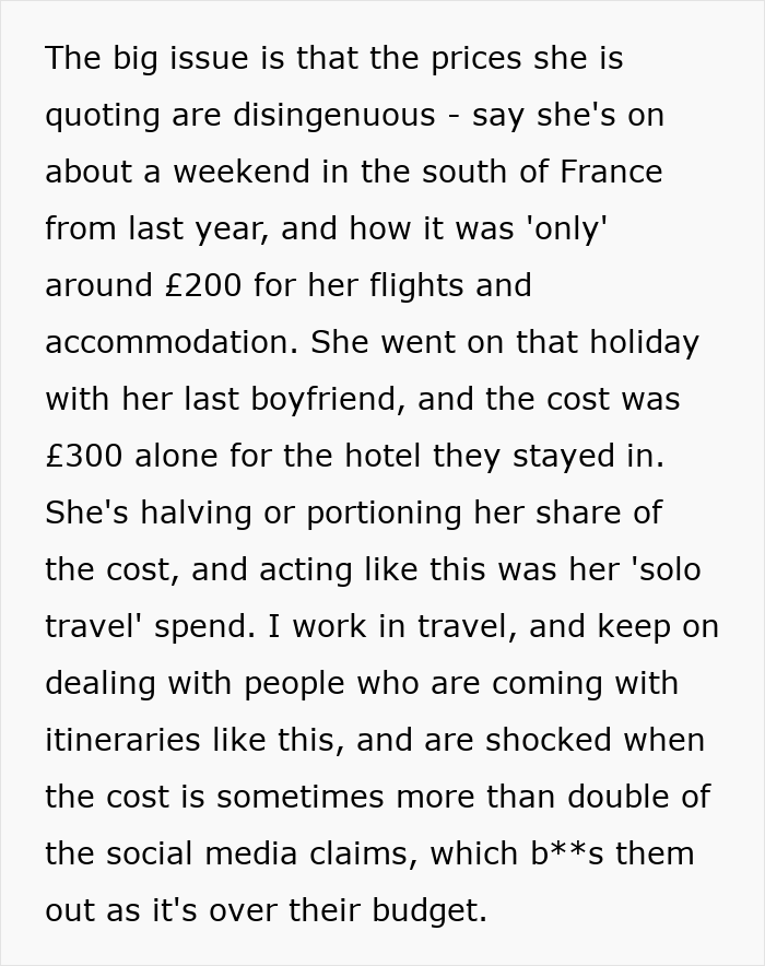 A screenshot detailing how a travel influencer lied about solo trips and budget for a South of France trip. A screenshot detailing how a travel influencer lied about solo trips and budget for a South of France trip.