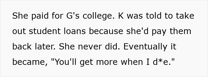 Screenshot detailing MILs unpaid college loans for K, contributing to a family feud over the childfree wedding. Screenshot detailing MILs unpaid college loans for K, contributing to a family feud over the childfree wedding.
