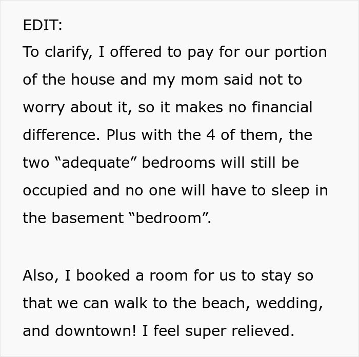 A text box on a white background detailing edits to the travel plans and financial aspects, easing the family's burden.