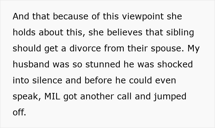Text discussing a gossiping mom and her horrible comments, suggesting a divorce due to her viewpoint.