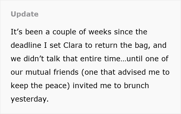 A screenshot of an update about a friend returning a sentimental designer bag after a deadline. A screenshot of an update about a friend returning a sentimental designer bag after a deadline.