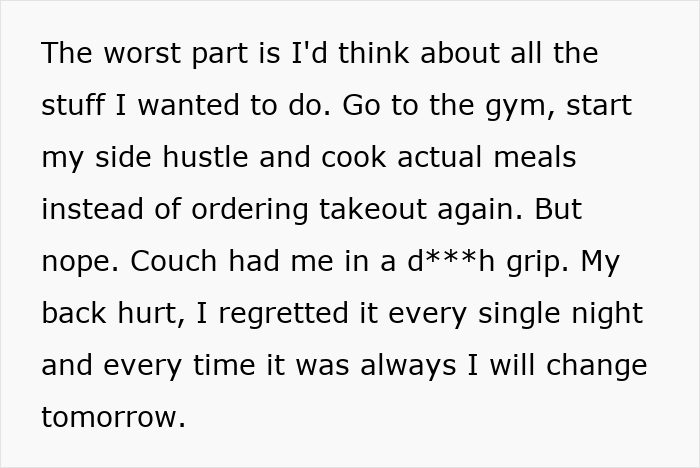 Text snippet discussing a person's regret about not going to the gym, starting a side hustle, and cooking, reflecting on a life-changing simple trick.