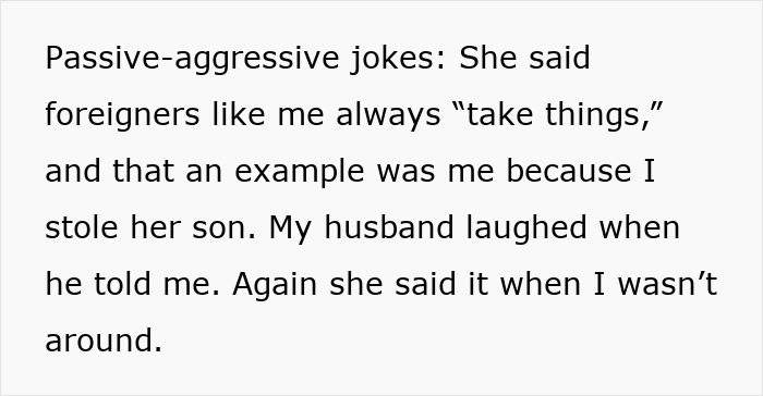 Screenshot of text about MIL's passive-aggressive jokes, feeling like the third wheel in marriage. Screenshot of text about MIL's passive-aggressive jokes, feeling like the third wheel in marriage.
