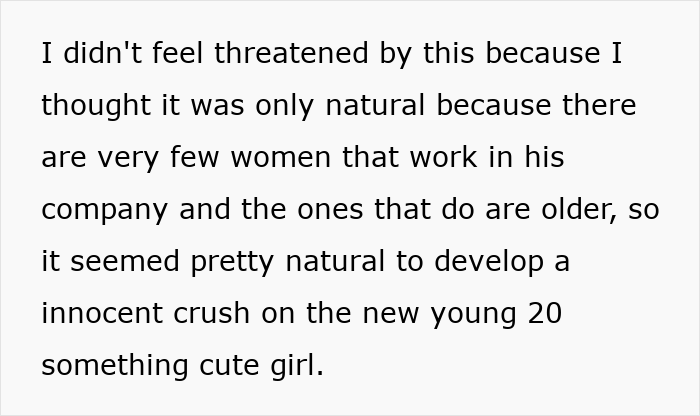 Text describing how a pregnant wife wasn't initially threatened by her husband's young coworker, hinting at him cheating. Text describing how a pregnant wife wasn't initially threatened by her husband's young coworker, hinting at him cheating.