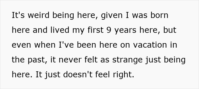 The woman describes feeling strange being back in her hometown, highlighting the future mother-in-law conflict.