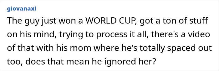 A social media comment discussing the World Cup hero's treatment of girlfriend and the excitement after winning. A social media comment discussing the World Cup hero's treatment of girlfriend and the excitement after winning.