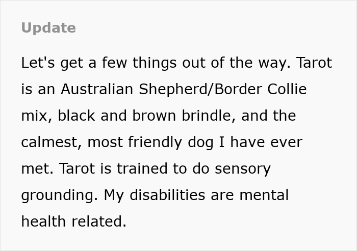 A text box updating on the service dog's breed and training for sensory grounding, tied to the wedding boycott.