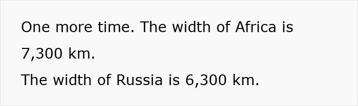 Text reiterating the actual scale of continents: Africa's width is 7,300 km, and Russia's width is 6,300 km.