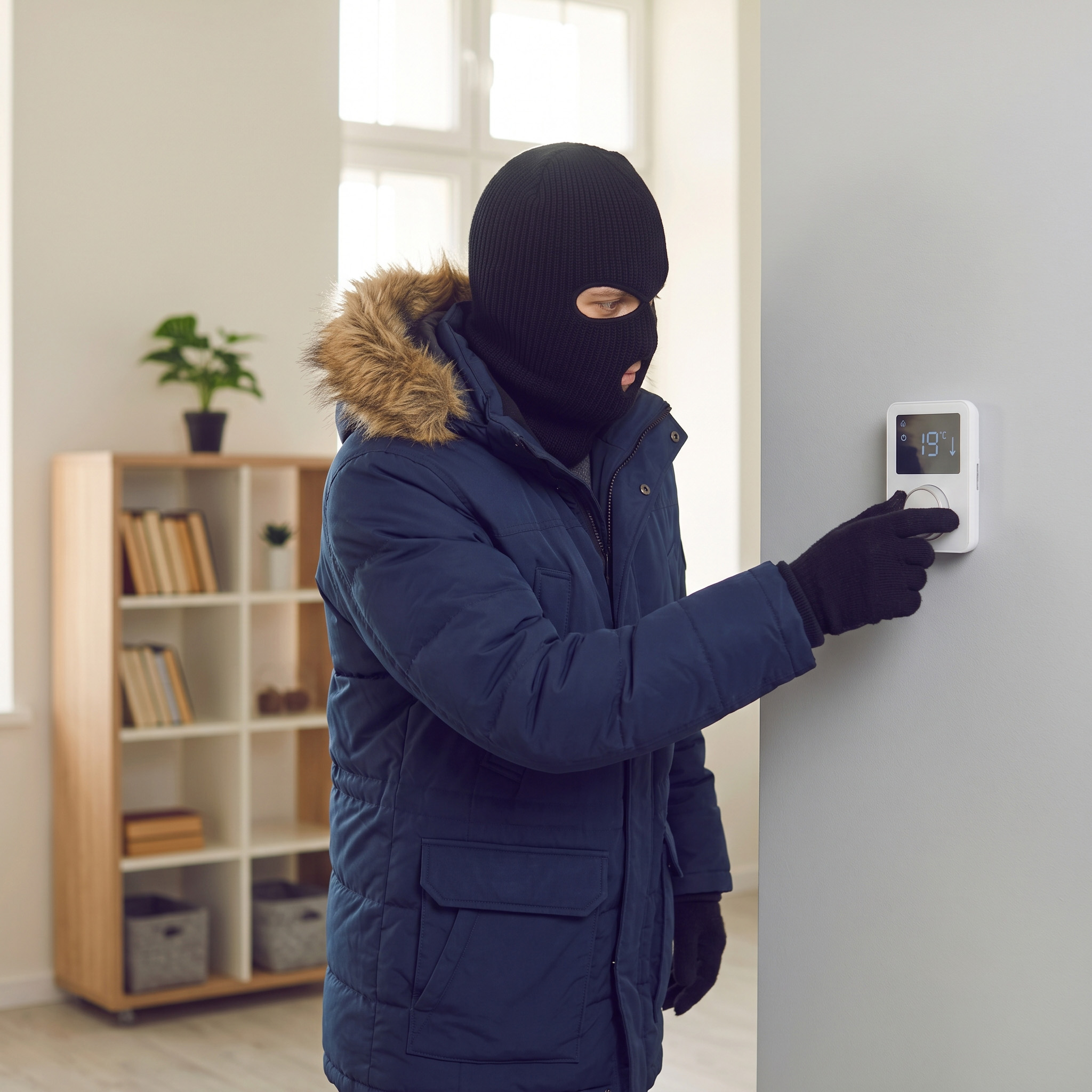 A woman wearing a ski mask and winter coat adjusts a thermostat, dealing with her nightmare neighbor in an unusual way.