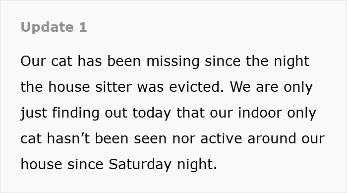 Text update describing the house sitter incident and the cat being lost after eviction.