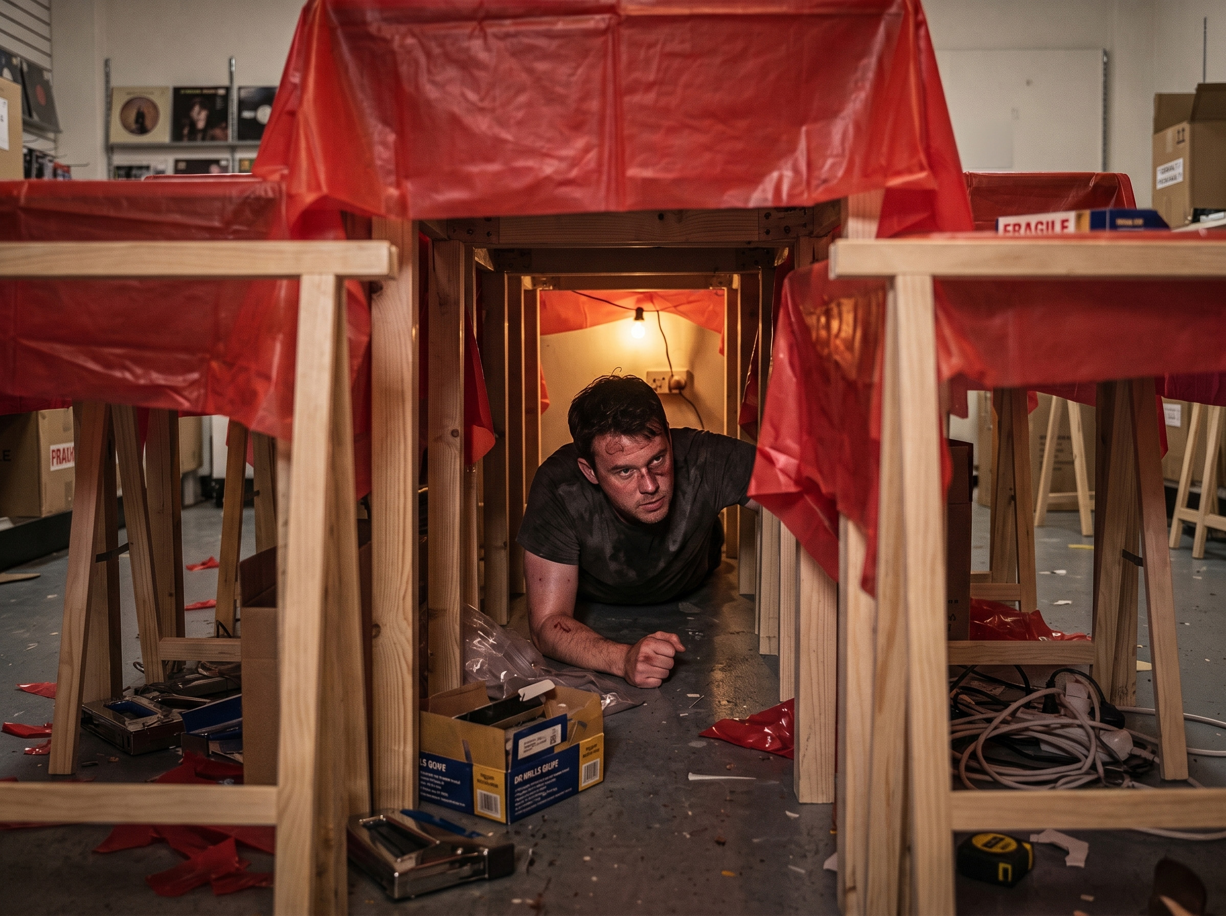 A man army crawls through a store filled with tables covered in red plastic, demonstrating how the boss's idea prevents customers. A man army crawls through a store filled with tables covered in red plastic, demonstrating how the boss's idea prevents customers.