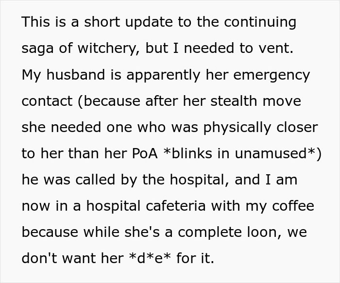 Screenshot of text about the ongoing witching saga and a MIL's emergency contact being called by the hospital.