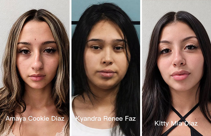 Mugshots of smiling sisters, Amaya Cookie Diaz, Kyandra Renee Faz, and Kitty Mia Diaz, involved in a brutal attack.