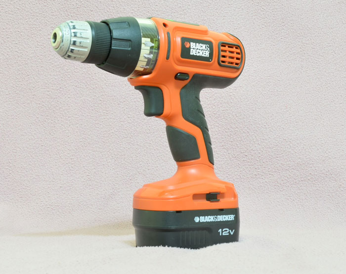 A Black & Decker cordless drill, representing common sense in dumb warning labels.