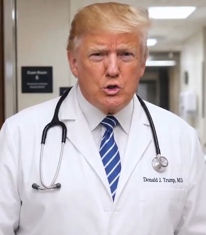 Donald Trump dressed as a doctor in a white lab coat and stethoscope, in an unhinged video diagnosing celebrities. Donald Trump dressed as a doctor in a white lab coat and stethoscope, in an unhinged video diagnosing celebrities.