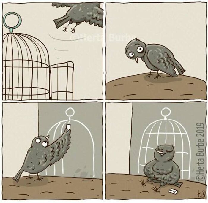 Herta Burbė comic illustration: A bird escapes its cage and finds peace meditating outside, featuring four panels.