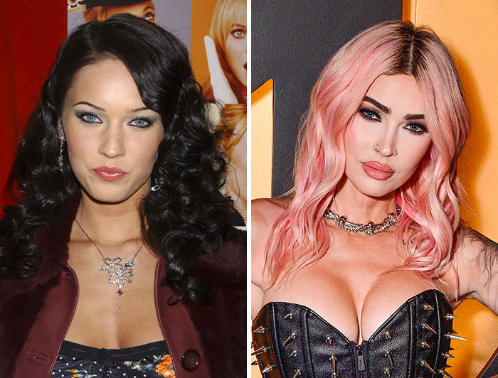 Megan Fox's before and after plastic surgery comparison, showcasing her transformation with different hair colors and features.