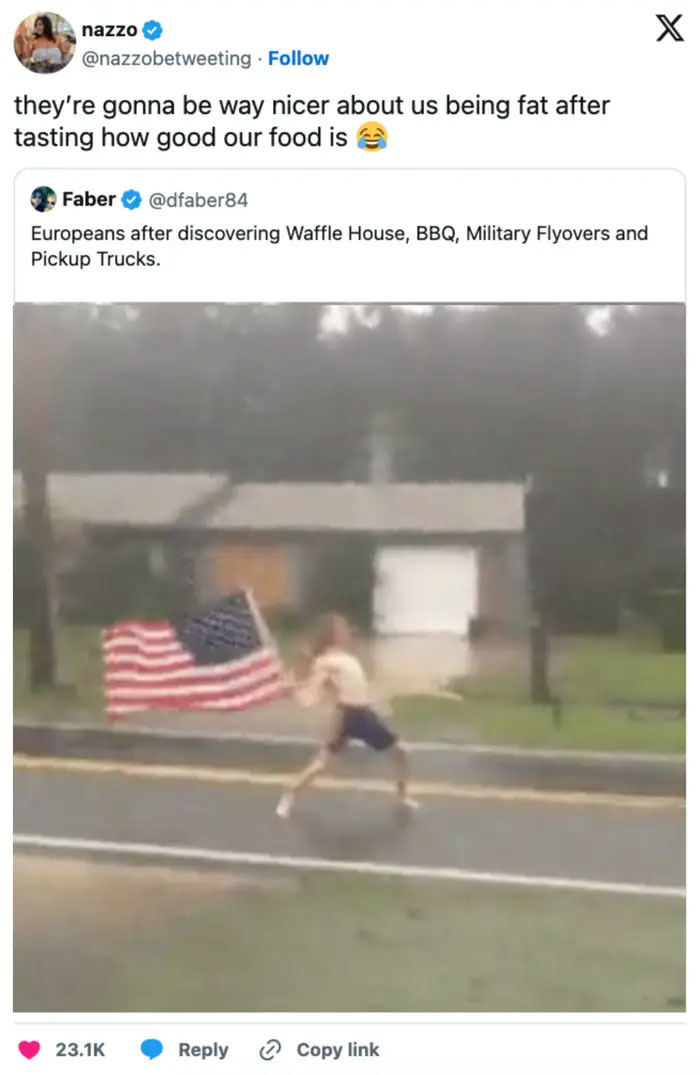 A World Cup tweet from Nazzo and Faber about Europeans after discovering American culture, resulting in football fans belly-laughing.