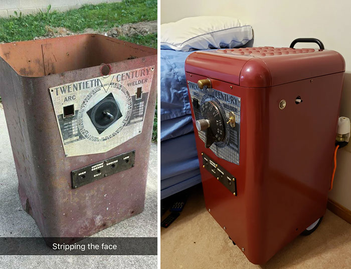 Before and after of a rusty old junk welder transformed into a sleek, red, refurbished machine.