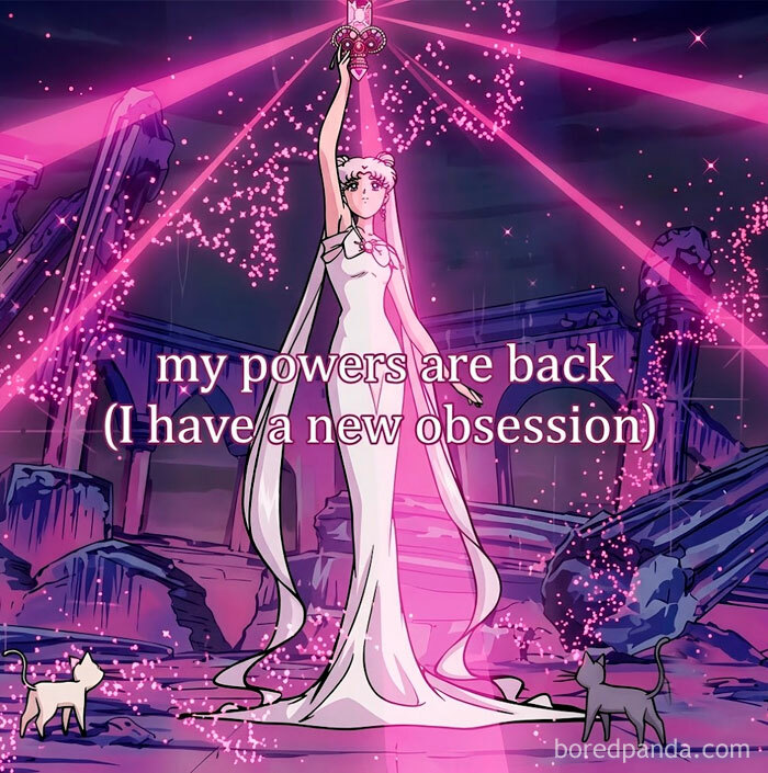 An anime woman in a white dress, holding a glowing scepter, surrounded by pink light and glitter, with two cats, reflecting funny posts about being a woman.