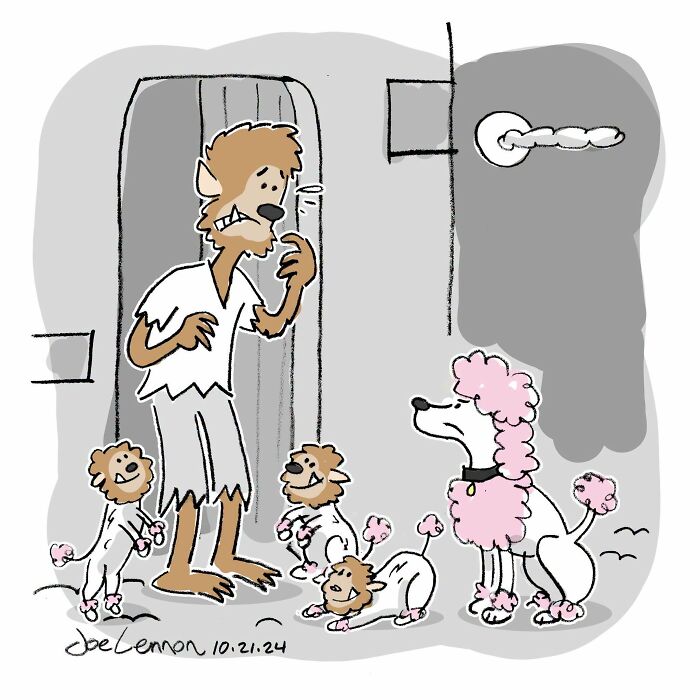 A comic by Joe Lennon, a werewolf man surrounded by his poodle-like children and a pink-haired poodle wife.
