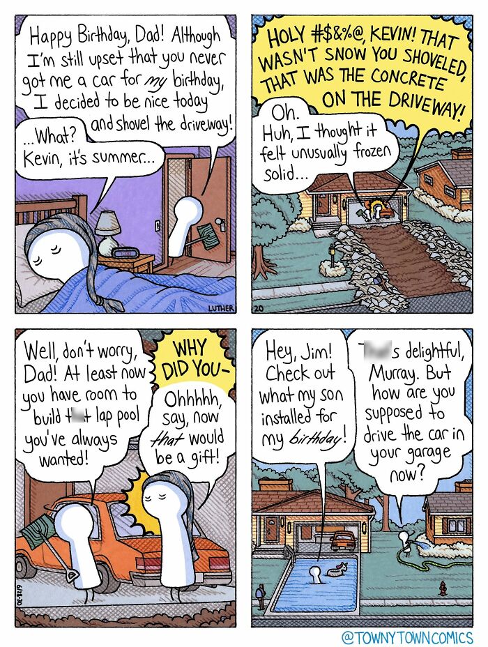 A comic of a son shoveling concrete thinking it's snow, and building a lap pool for his dad, a Towny Town Comic about everyday life in the US Midwest.