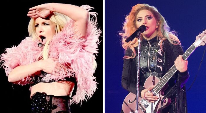 Britney Spears in a pink feather boa and Lady Gaga with a guitar, highlighting diverse popular music taste.
