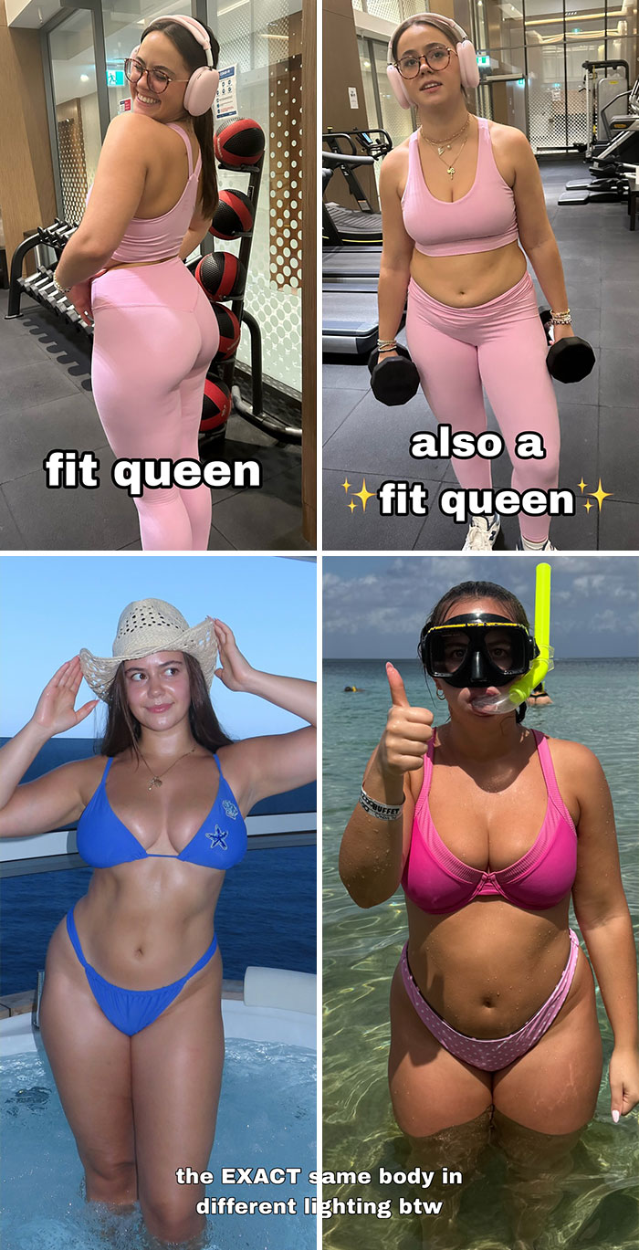 Influencers expose Instagram vs reality in posts promoting body positivity, showing the same body in different lights.